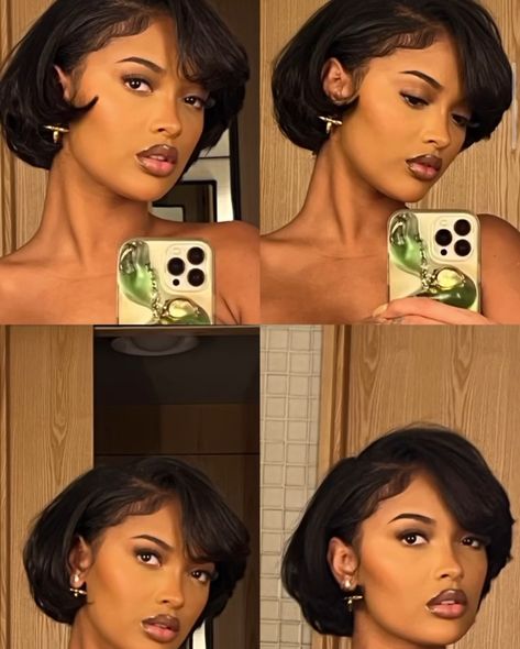 ♡ Slick Press On Short Natural Hair, Slick Back Bob Hairstyles, Short Bob Silk Press, Mom Cut Black Women, Short Hair Baddie, Slick Press, Very Short Bob Black Women, Short Hair Blowout, Pressed Natural Hair