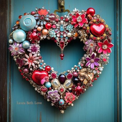 Dishfunctional Designs: Heart Wreath Made From Bits Of Vintage Jewelry Vintage Jewelry Wreath, Broach Wreath, Jewellery Wreath, Things To Make With Old Jewelry, Jeweled Wreath, Diy Heart Wreath, Jewelry Tree Craft, Jewelry Wreath, Rhinestone Wreath