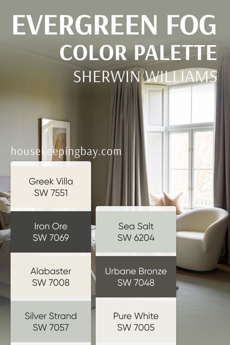 Evergreen Fog Color Palette: Cozy & Elegant Sherwin Williams Inspiration 🌿 Evergreen Fog And Sea Salt, Evergreen Fog With Blue, Iron Ore And Greek Villa, Greek Villa And Iron Ore, Sw Sea Salt Color Palette, Fog Color Palette, Evergreen Fog Color Palette, Sw Greek Villa, Urbane Bronze Sherwin Williams