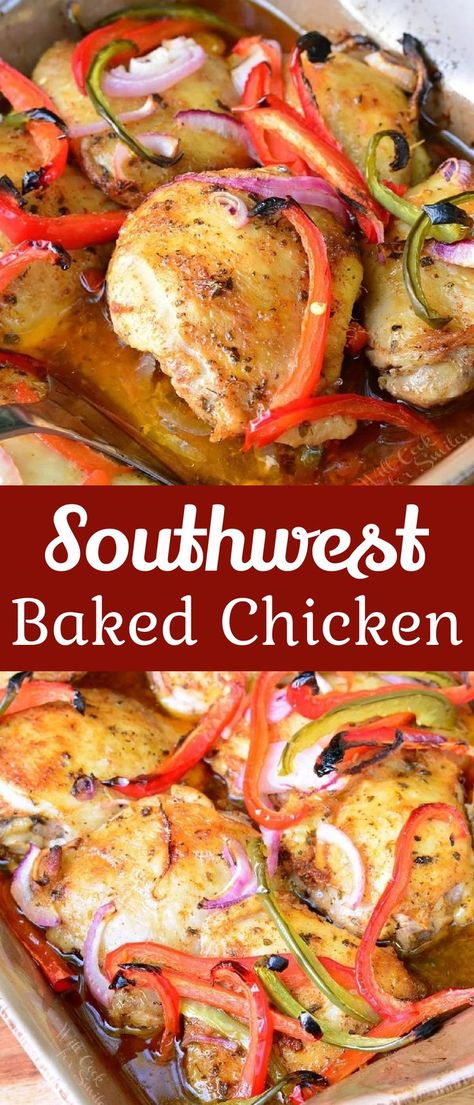 Delicious baked chicken dish made with bell peppers, red onions, and southwest chicken marinade. This is the best southwest chicken marinade I’ve ever made and it goes great with any kind of chicken. Baked Chicken And Bell Pepper Recipes, Baked Chicken With Bell Peppers, Baked Chicken Peppers And Onions, Baked Chicken With Onions And Peppers, Chicken Recipes With Roasted Red Peppers, Southwest Chicken Marinade, Chicken And Peppers Recipe, Chicken With Peppers And Onions, Chicken Peppers And Onions