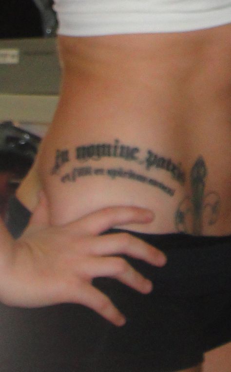 #2 My tattoo on my right hip/lower rib cage. (It says "In Nomine Patris Et Filii Et Spiritus Sancti, which is Latin for "In the name of the Father, Son, and Holy Spirit".) Father Son And Holy Spirit, Tattoo Board, My Tattoo, Father Son, The Father, Rib Cage, Tattoo On, Holy Spirit, I Tattoo