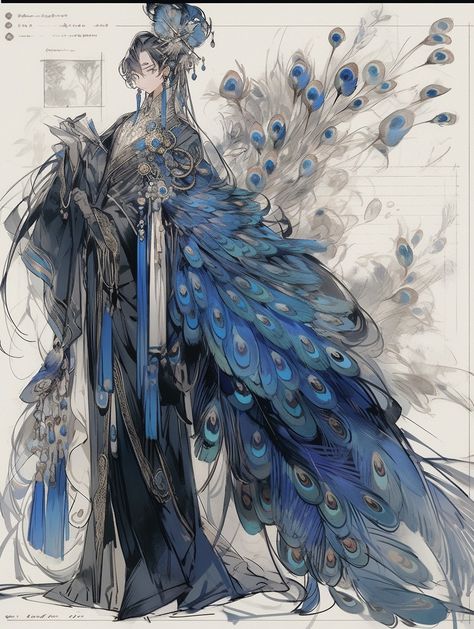 Peacock Anime Guy, Feathered Character Design, Peacock Outfit Men, Peacock Human, Peacock Oc, Peacock Person Character Design, Peacock Character Design, Bird People Concept Art, Water Character Design