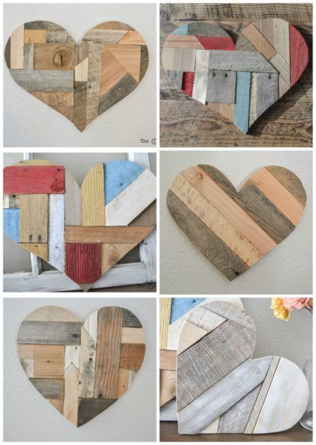 wood heart mosaic reclaimed wood pallet quilted heart Wooden Hearts Crafts Ideas, Wood Heart Crafts, Wooden Heart Decor, Wooden Hearts Crafts, Pallet Heart, Valentine Wood Crafts, Heart Mosaic, Barn Wood Crafts, Easy Wood Projects