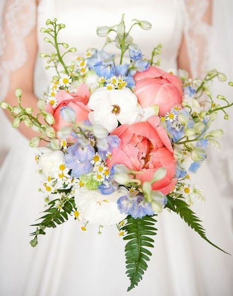 Peony, Feverfew Bouquet Spring Wedding Bouquets, Coral Peonies, Summer Elegance, Spring Wedding Bouquet, Coral Roses, Blue Delphinium, English Summer, Blue Wedding Bouquet, Groomsmen Boutonniere