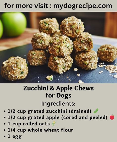 Homemade dog food recipes | 𝐙𝐮𝐜𝐜𝐡𝐢𝐧𝐢 & 𝐀𝐩𝐩𝐥𝐞 𝐂𝐡𝐞𝐰𝐬 𝐟𝐨𝐫 𝐃𝐨𝐠𝐬 🥒🍎 | Facebook Zucchini Dog Treat Recipes, Apple Dog Treats, Dog Cookie Recipes, Recipes Zucchini, Grated Zucchini, Puppy Stuff, Dog Cookies, Dog Treat Recipes, Homemade Dog Food