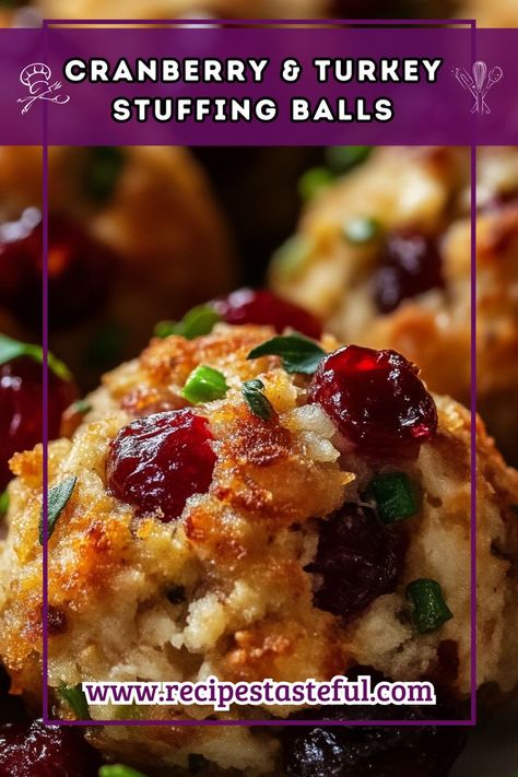 These delightful Cranberry & Turkey Stuffing Balls are a perfect way to utilize leftover turkey and add a festive twist with dried cranberries. They're simple to make, packed with flavor, and make a great appetizer or side dish for any occasion. Stuffing Balls Recipe, Cranberry Stuffing, Cranberry Turkey, Stuffing Balls, Meal Train Recipes, Turkey Stuffing, Comfort Food Recipes Dinners, Leftover Turkey, Stuffing Recipes