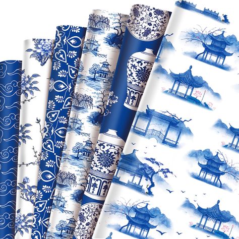 PRICES MAY VARY. 【Value Package】 - Package includes totally 12 sheets Chinoiserie patterned wrapping paper in 6 different designs, each design has 2 sheets, sufficient to meet your needs for traditional oriental china style gifts wrapping, and you can share with your friends to DIY, would add more fun to your DIY crafts. 【Chinoiserie Theme Patterns】 - These Chinoiserie scrapbook paper are designed with traditional patterns, such as xiangyun, blue and white porcelain, towers, and pavilions, blue Blue Hydrangea Wedding Reception, Decorating With Blue Willow, Blue And White Porcelain Pattern, Coastal Cozy, Blue Willow Decor, Chinoiserie Fabric, Chinoiserie Christmas, Chinoiserie Pattern, Style Birthday