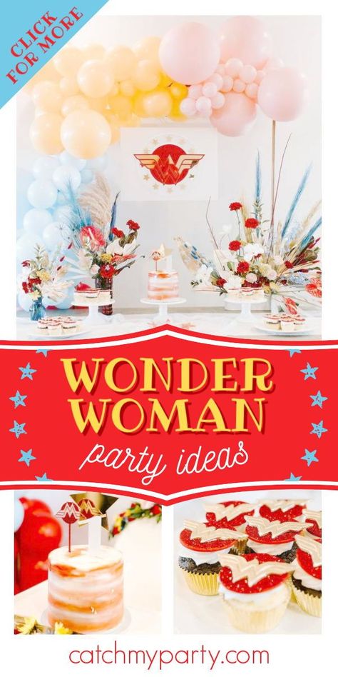 Check out this cool Wonder Woman 1st birthday party! The cupcakes are wonderful! See more party ideas and share yours at CatchMyParty.com #catchmyparty #partyideas #wonderwoman #wonderwomanparty #girl1stbirthdayparty #superhero Wonder Woman 50th Birthday Party, Wonder Woman First Birthday, One Der Woman First Birthday, Oneder Woman 1st Birthday Decor, 4th Birthday Party For Girls Theme, Wonder Woman Birthday Party, Women Party Ideas, Wonder Woman Party, Wonder Woman Birthday