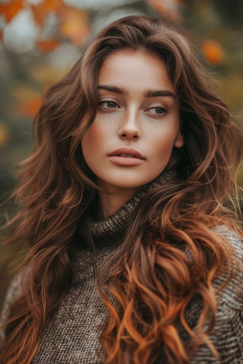 Brown Hair With Cinnamon Highlights, Light Brown Hair With Red Lowlights, Red Hair Highlights On Brown Hair, Brown Hair With Red, Highlights On Brown Hair, Bangs Styles, Fall Highlights, Auburn Balayage, Red Hair With Highlights