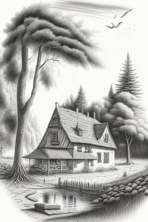 Landscape Paintings Pencil, Black And White Landscape Drawing, Bird House Drawing, Pencil Shading Scenery, Landscape Pencil Sketch, Nature Sketches Pencil, Pencil Drawings Tumblr, Pencil Sketches Landscape, Landscape Drawing Tutorial