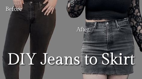 Black Levi’s jeans before. Black denim skirt after. DIY jeans to skirt. Diy Denim Skirt, Diy Old Jeans, Skirt Diy, Diy Denim, Mini Denim Skirt, Diy Skirt, Stylish Skirts, Denim Diy, Upcycle Projects