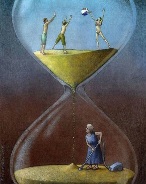 Satirical-Illustrations-Polish-Pawel-Kuczynski Satirical Illustrations, Colored Chalk, Caricature Artist, Social Art, Meaningful Art, Art Parody, Hour Glass, I'm Bored, Art Academy