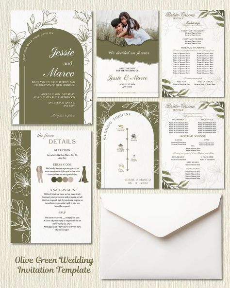 Chic with a touch of nature's beauty. Purchase our olive green wedding template and set the mood for your big day! #weddings #wedding2025 #wedding2024 #weddingtheme #weddinginspiration #weddinginvitationdesign #weddingph #weddinginvitation #invitation #invitationdesign #invitationtemplate #invitationlayout #layout #greenwedding #olivegreen #taupe Beautiful Wedding Invitation Cards, Wedding Invitation Layout, Olive Green Wedding, Digital Invitations Design, Olive Green Weddings, Invitation Layout, Invitations Design, Book Crafts Diy, 2025 Wedding