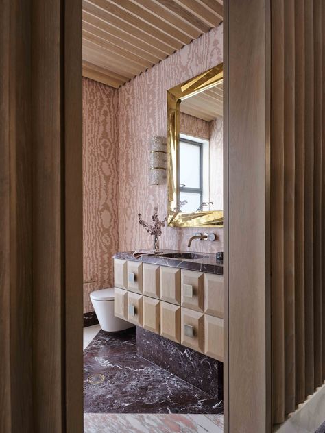 Fluted Walls, Masculine House, Moire Pattern, Tiny Dining Rooms, Greg Natale, Washroom Design, Mid Century Modern Interiors, Guest Bathrooms, Shower Enclosure