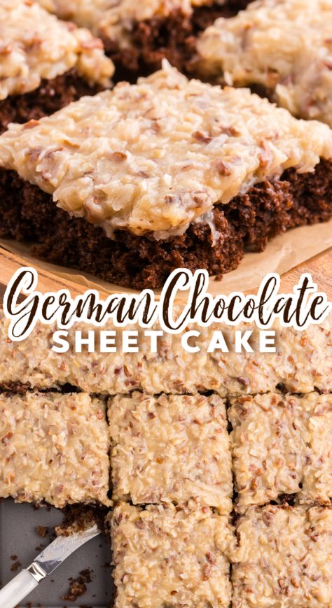 German Chocolate Sheet Cake! An easy German Chocolate sheet cake recipe with a spiffed-up cake mix base and homemade caramel, pecan and coconut icing. Doctored German Chocolate Cake Mix Recipes, Doctored German Chocolate Box Cake, Quarter Sheet Cake Recipe, German Chocolate Dessert, Tx Sheet Cake Recipe, Pioneer Woman Chocolate Sheet Cake, Cake Mix Bars Recipes, Sheet Cakes Recipes, Sheet Pan Cakes