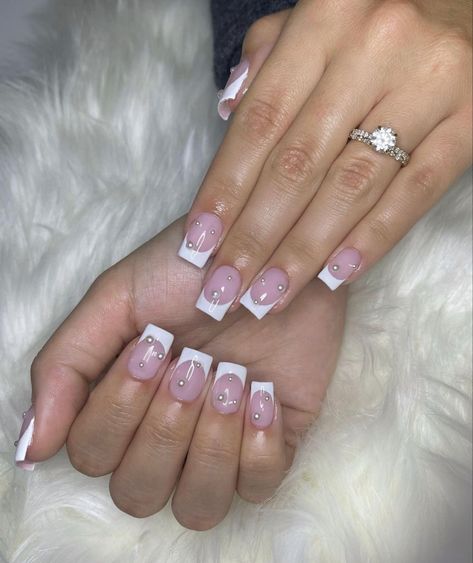 French tip pearl nails, Gel-X nails, short   Square acrylic nails summer nail inspo Short French Tip With Pearls, French Tip Pearl Nails, Fancy French Tip Nails, French Tip Nails With Pearls, French Tip Pearl, French Tip With Pearls, Square French Tip, Square French, Nails Short Square