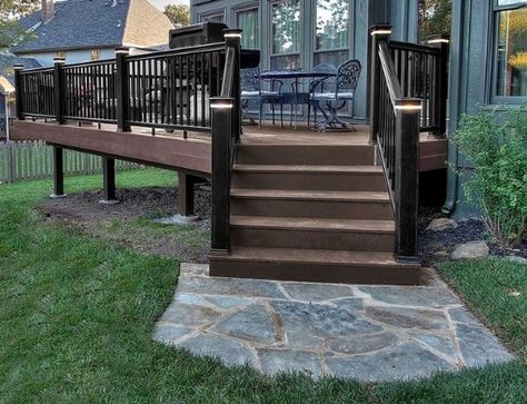 Azek decking, TimberTech radiance railing & flagstone landing Deck Landing Ideas, Deck Stairs Landing, Under Deck Landscaping, Deck Landing, Deck Trellis, Landscaping Around Deck, Azek Decking, Deck Landscaping, Patio Stairs