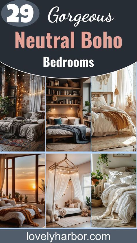 29 Neutral boho bedrooms to combine simplicity with creativity, offering a peaceful and stylish space where you can unwind after a long day. SAVE this for later and get inspired by those dreamy designs! #BohoBedroom #NeutralDecor #HomeInspiration Gray Boho Bedroom, Luxury Boho Bedroom, Neutral Boho Bedroom, Coastal Boho Bedroom, Daybed Bedroom, Relaxing Spaces, Boho Decor Ideas, Boho Bedrooms, Rustic Wooden Furniture