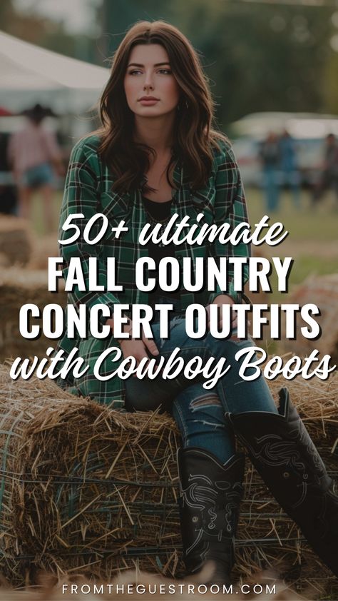 a woman wears fall country concert outfit with cowboy boots, western outfits Ranch Style Fashion, Boho Cowboy Outfits, November Country Concert Outfit, County Concert Outfits Fall, Cowboy Boots And Jeans Outfit For Women, Country Western Concert Outfit, How To Wear Cowboy Boots Women Over 50, Country Music Concert Outfit Fall, Western Concert Outfits Women