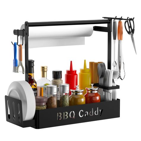 PRICES MAY VARY. Large Capacity - This grill caddy organizer consists of a paper towel roll holder, 4 hooks, 2 remove hooks and plates holder . The logical partition design makes it easier to store dishes, forks, spoons, knives, napkins, condiments, grill tools, and other supplies, ideal for a cutlery caddy. It can hold everything you need for your barbecue, camping, tailgating. Easy to Carry - BBQ caddy with smooth finish metal handle which make carrying grilling and cooking utensil in and out Camp Utensil Storage, Rv Cooking Utensil Storage, Bbq Utensil Storage, Grill Caddy, Bbq Caddy, Grill Accessories Storage, Cutlery Caddy, Basket Picnic, Flatware Caddy