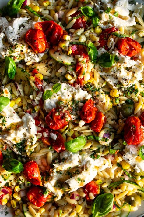 Orzo Salad with Roasted Tomato Vinaigrette & Burrata - The Original Dish Tomato Vinaigrette, The Original Dish, Orzo Pasta Salad, Seasonal Vegetables, Orzo Recipes, Best Pasta Salad, Burrata Cheese, Roasted Cherry, Orzo Salad