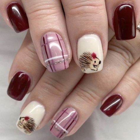 Hedgehog Nails Design, Fall Animal Nail Designs, Berry Colored Nails Designs, Fall Gnome Nail Art, Autumn Plaid Nails, Squirrel Nails, Hedgehog Nail Art, Fall Gnome Nails, Hedgehog Nails