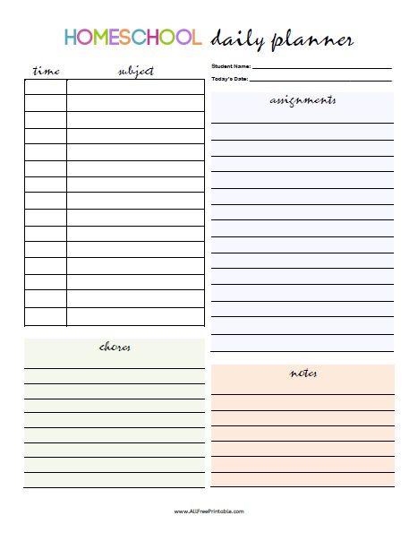 Free Printable Homeschool Daily Planner. Free Printable Homeschool Daily Planner for your every day homeschooling curriculum or activity planning. You can write the Time, Subject, Assignments, Chores and Notes for every day of homeschooling. Print all the forms you need for your school classroom, tutoring or homeschool records. Great tool for keeping a daily record of your kids homeschool attendance Free Printable Homeschool Posters, Homeschool Subjects List, Homeschool Attendance Printable Free, Homeschool Planning Pages, Homeschool Planner Printable Free, Daily Assignment Sheet Free Printable, Daily Planner Printables Free Student, Home School Calendar Free Printables, Homeschool Templates