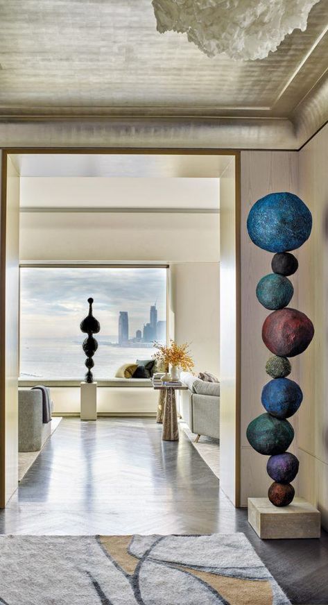 Annie Morris’s Black Pigment, Stack 10, Cobalt Blue sculpture (foreground) andRebecca Warren’s bronze Fascia IV complement and contrast one another in a NewYork pied-à-terre by Grade. - photo: Richard Powers Trendy Rug, Luxurious Rooms, Ceiling Installation, Contemporary Classic, Architecture Interior, Interior Architecture Design, Interior Designers, Interior Architecture, Design Projects