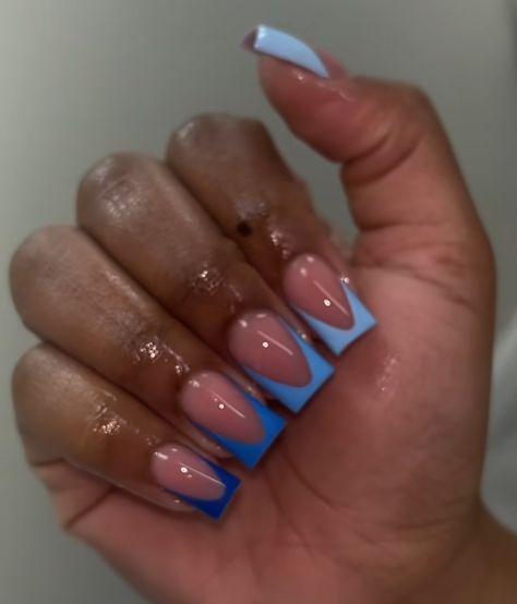 Blue French Tip Nails Different Shades, Short Acrylic Nails Blue Design, Shades Of Blue French Tip Nails, Blue Tips Nails Acrylic, Nails Acrylic Blue French Tips, Nail Ideas Blue And Black, Pink And Blue French Tip Nails, Unique French Tips, Blue French Tip Nails