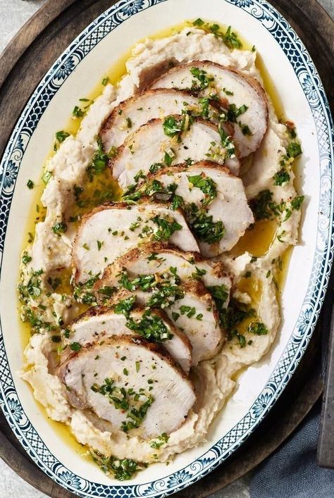 Bean Puree, White Bean Puree, Grilled Pork Loin, Herb Vinaigrette, Pork Loin Recipes, Easy Mediterranean Diet Recipes, Lemon Herb, White Bean, Grilled Pork