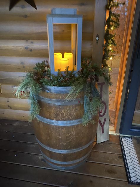 Christmas Whiskey Barrel Decorations, Christmas Barrel Decor, Wine Barrel Christmas Decor, Christmas Whiskey Barrel, Whiskey Barrel Christmas Decor, Barrel Decor Ideas, Wine Barrel Garden, Wagon Decor, Winter Porch Decorations