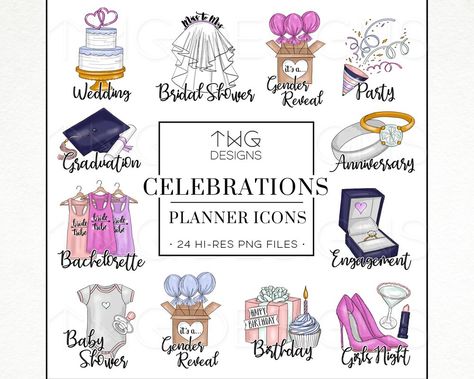 To Do Planner Task Icons Celebrate by TWG Designs on @creativemarket Twg Designs, Do Icons, Doodles Stickers, Drawn Icons, Digital Journaling, To Do Planner, Planner Icons, Hand Drawn Icons, Scrapbook Materials