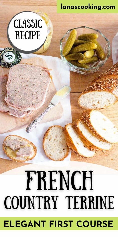 This classic French country terrine is made with pork, veal, and calves' liver and wrapped in bacon. Serve with baguette slices, mustard, and cornichons for an elegant starter course. From @NevrEnoughThyme https://www.lanascooking.com/french-country-terrine/ Country Pate, Pork Terrine, Rustic Kitchen Designs, Calves Liver, Terrine Recipe, Baguette Slices, Homemade Sausage Recipes, Pate Recipes, Wrapped In Bacon