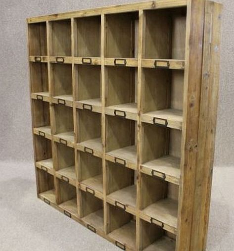 This reclaimed pine bookcase letter rack has 25 pigeon holes,perfect for all types of storage in many areas of the home. An unusual industrial vintage style Pigeon Holes Storage Ideas, Pigeon Hole, Cube Furniture, Pine Bookcase, Rustic Sideboard, Workbench Designs, Diy Shoe Rack, Timber Shelves, Letter Rack