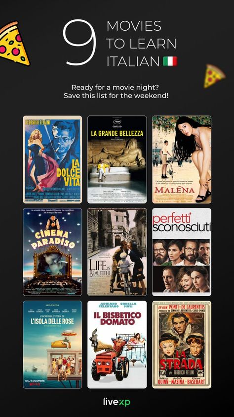 Movies to watch if you're learning Italian language. Italian cinema. Movies set in Italy. Italian Tv Shows, Italian Movies To Learn Italian, Language Learning Italian, Italian Movies, Best Movies To Watch, Italian Cinema, Slice Of Pizza, The Best Movies, Step Son