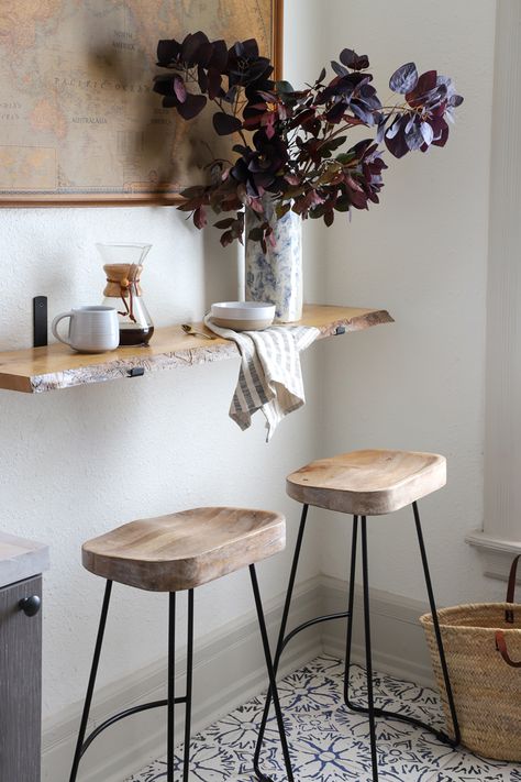 DIY Live Edge Breakfast Bar Floating Shelf - I SPY DIY Small Breakfast Bar, Small Kitchen Bar, Diy Live Edge, Live Edge Shelves, I Spy Diy, Kitchen Bar Table, Floating Table, Bar Shelf, Breakfast Bar Kitchen