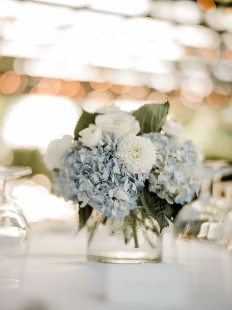 Dusty Blue Centerpieces, Blue Hydrangea Wedding, Blue Centerpieces, Bridal Shower Inspo, Hydrangea Centerpiece, Blue And White Flowers, Something Blue Bridal, Blue Bridal Shower, Hydrangeas Wedding