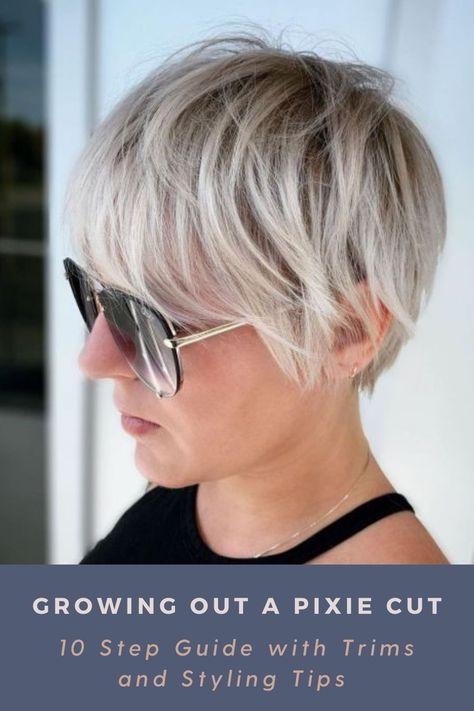 Growing out a pixie cut into a bob, lob or even longer will take time and some adjustments, but these 10 tips will ease your transition and help you go through the most awkward transition stages with grace. Growing Out Pixie Cut, Haircuts Trendy, Kort Bob, Growing Out Hair, Grown Out Pixie, Poofy Hair, Longer Pixie Haircut, Pixie Cut With Bangs, Long Pixie Cuts