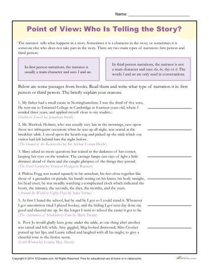 Printable Point of View Worksheet - Who is Telling the Story? It’s important to know who is telling a story. In this reading worksheet, students read the some passages from books and then write what type of narration it is: first person or third person. Students then briefly explain their reasons. Point Of View Worksheet, Halloween Reading Comprehension, Authors Point Of View, 5th Grade Worksheets, Montessori Teaching, Short Passage, Teach Reading, Writing Classes, English Classroom