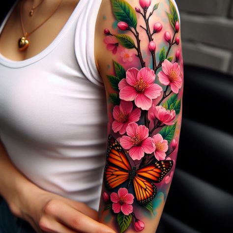 Explore stunning cherry blossom tattoos that symbolize beauty, life, and renewal. Perfect for nature lovers and art enthusiasts! 🌼🍃 #tattoo_art #tattoo_sketch #tattoo #tattoo_for_woman #tattoo_ideas #tattoo_for_man Cherry Blossom Sleeve Tattoo, Best Feminine Tattoos, Tattoo Art Ideas, Cherry Blossom Tattoos, Rare Tattoos, Kids Tattoo, Empowering Tattoos, Tattooed Man, Woman Tattoo