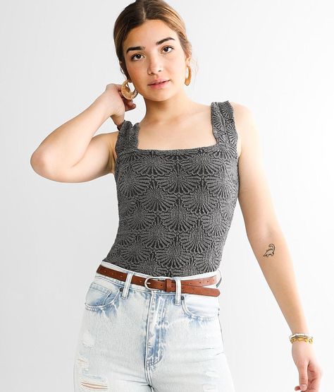 Free People Love Letter Cropped Cami Tank Top - Grey M/L, Women's Black Smocked jacquard Modal blend square neck tank Stretch fabric Bust measures 22 on size XS/S Body length 17 1/2 on size XS/S Model Info: Height: 5'9 1/2 | Bust: 34 1/2 | Waist: 26 1/2 | Hip: 36 1/2 | Wearing Size: M/L. 47% Nylon 47% Micro Modal 6% Spandex. Machine wash cold gentle cycle. Non-chlorine bleach. Lay flat to dry. Do not iron.. Measurements: Bust -Fullest part of bust with arms at sides. Waist -Circumference of natu Textured Tank Top, Free People Tank Top, T Dress, Women's Tank Tops, Cropped Cami, Love Letter, Tank Top Cami, Cami Tanks, 2 On