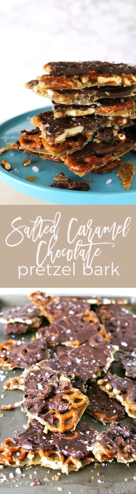 Salted caramel chocolate pretzel bark is the treat that keeps on giving. It's great for the holidays, either as dessert or as a gift! | honeyandbirch.com Chocolate Pretzel Bark, Apple Bark, Pretzel Bark, Chocolate Caramel Pretzels, Brownie Desserts, Salted Caramel Chocolate, Bark Recipe, Chocolate Pretzels, Caramel Chocolate