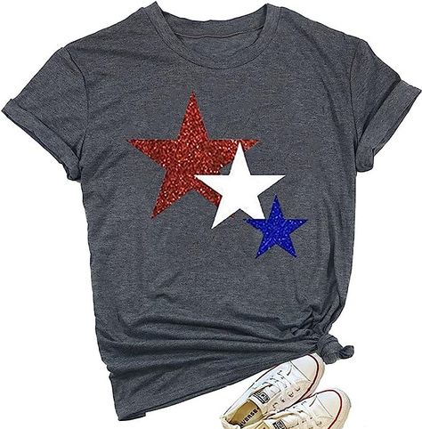 American Flag Red White Blue Stars Glitter Shirt Women Short Sleeve Casual Graphic Tee Tops 4th Of July Shirts Vinyl, Stars Shirt, Stars Glitter, Beach Street, Glitter Shorts, Glitter Shirt, Cute Graphic Tees, T Shirt Image, Blue Stars