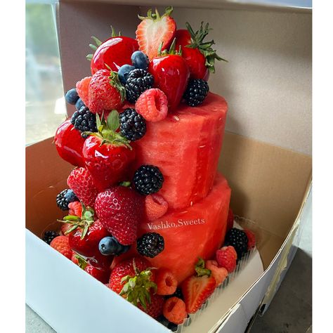 Watermelon Cake follow us on IG @Vashkosweets for more! Watermelon Fruit Cake, Cake Made Out Of Fruit, Cake Made Of Watermelon, Watermelon Tiered Cake, Mixed Fruit Cake Design, Watermelon Cake Birthday Fresh Fruit, Fruit Platter Ideas Party, Fruit Cake Design, Fruit Birthday Cake