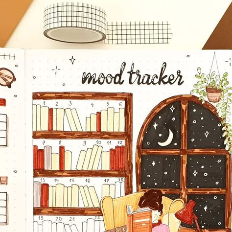 Claudia on Instagram: "Happy Wednesday everyone! This is my first post from 2024✨️ This January I'm continuing this home library theme and today I decided to share my half filled mood tracker! It's inspired by @mandyjournals and an illustration that I found on Pinterest!
.
QOTD: What's your theme for January?❤️
.
MATERIALS AND DISCOUNTS:
✨ My journal is from @scribblesthatmatter 💫 ('SUNSHINE10'  to GET 10% OFF)
✨ My white Sakura gelly roll gel pen & Sakura pigma Micron 03 fineliner are from @kawaiipenshop 💫 ('SUNSHINE10' to GET 10% OFF)
✨ My grid washi tape is from @thewashitapeshop ('SUNSHINE10' to GET 10% OFF)
.
.
.
.
.
.
 #bujo #bujostationery #bujoinspire #bujoinspo #bujoideas #bulletjournalcommunity #bulletjournalist #planwithme #planneraddict #bujocommunity #discoverbulletjournal # White Sakura, Sakura Pigma Micron, Library Themes, Happy Wednesday Everyone, My Journal, Mood Tracker, Planner Addicts, Home Library, Happy Wednesday