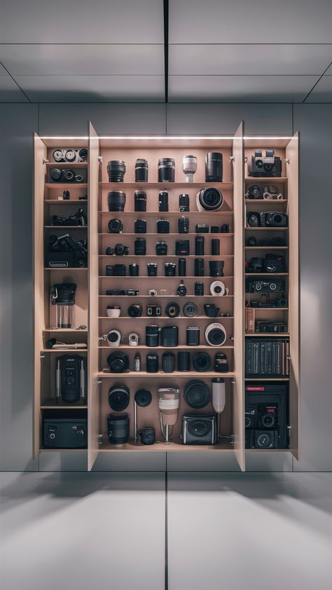 📷 Optimize your space with a wall-mounted photography gear cabinet. This practical solution offers secure camera storage and effective camera gear organization while conserving valuable floor area. #PhotographyGearCabinet #WallMountedStorage #CameraGearOrganization Photography Gear Storage Cabinet, Organize Camera Equipment, Photography Equipment Organization, Camera Storage Organizing, Camera Equipment Storage, Photography Gear Storage, Outdoor Gear Organization, Camera Gear Storage, Camera Gear Organization