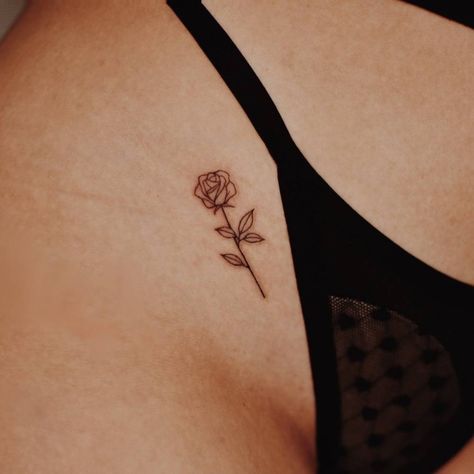 Rose Tattoo On Pelvis, Tattoo On Sternum Women, Small Pelvis Tattoos Women, Tattoos On Pelvis For Women, Tattoo Ideas Female Pelvis, Small Rose Tattoo On Hip, Small Pelvis Tattoo, Women Pelvic Tattoo, Fine Rose Tattoo