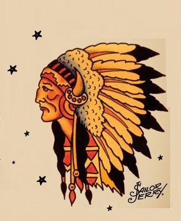 Chief with Headress/Bonnet - Sailor Jerry Tat Sailor Jerry Chest Tattoo, Traditional Chief Tattoo, American Traditional Indian Chief Tattoo, Native American Tattoos For Men, American Tattoos For Men, Indian Chief Tattoo, Chief Tattoo, Traditional Sailor Tattoos, Sailor Jerry Tattoo