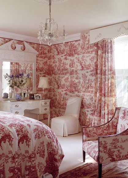 Bedroom Wallpaper Toile, Red Toile Bedroom, Coquette Bedroom Red, Pink Toile Wallpaper, Red Toile Wallpaper, Red Toile Bed, Pink Green Bedrooms, Pink Bedroom Design, Bedding Inspiration