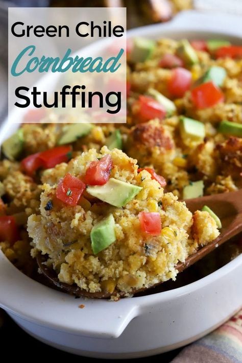 Green Chile Cornbread Stuffing is a fun southwestern twist to one of the classic Thanksgiving side dishes. The bold flavor of the green chiles comes through in every moist mouthful that pairs perfectly with turkey. #thanksgivingsidedishes #thanksgivingrecipes #stuffingrecipes Holiday Meat Dishes, Chile Cornbread, Green Chile Cornbread, Best Turkey Recipe, Cornbread Stuffing Recipes, Cornbread Stuffing, Classic Thanksgiving, Recipe Cake, Green Chiles